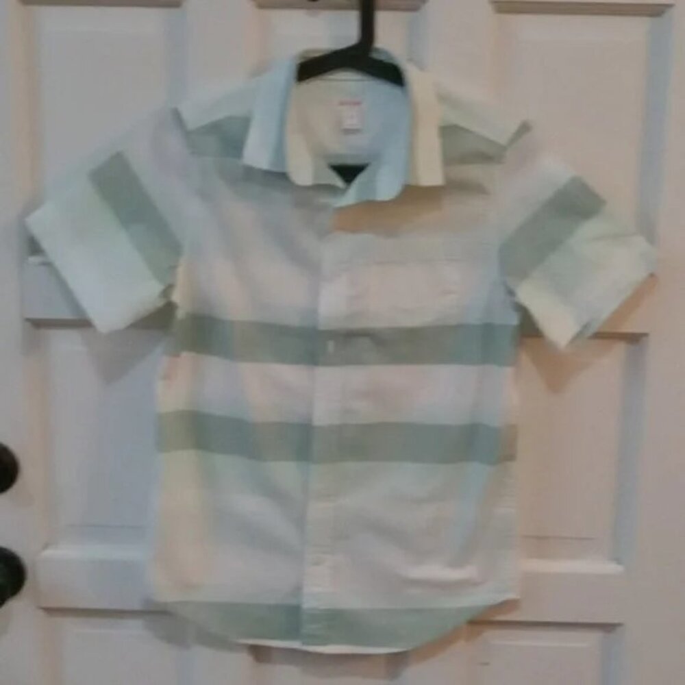 Cat & Jack Boy's Short Sleeve Shirt Green & White Wide Stripes Size L